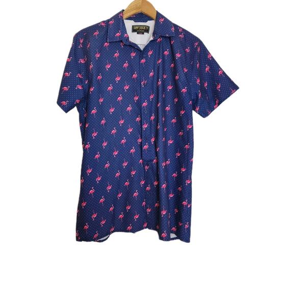Surf Society Mens Short Sleeve Button Shirt Sz.L/Flamingo Print/Blue/Swim Wear - Picture 1 of 7